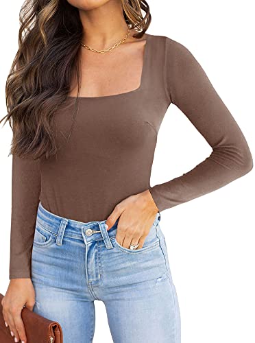 REORIA Damen langarm Bodysuit Sexy eckiger Ausschnitt doppelt gefüttert Overalls Kaffee L von REORIA