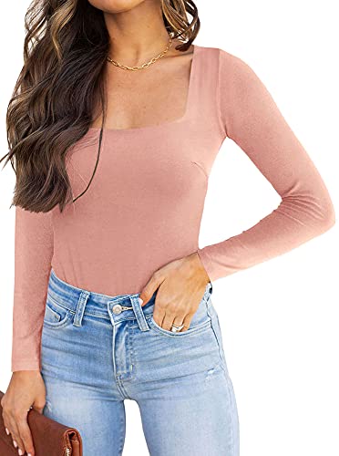 REORIA Damen langarm Bodysuit Sexy eckiger Ausschnitt doppelt gefüttert Overalls Rosa L von REORIA