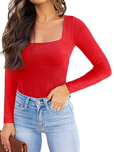 REORIA Damen langarm Bodysuit Sexy eckiger Ausschnitt doppelt gefüttert Overalls Rot XXL von REORIA