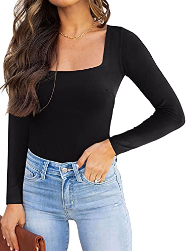 REORIA Damen langarm Bodysuit Sexy eckiger Ausschnitt doppelt gefüttert Overalls Schwarz XL von REORIA