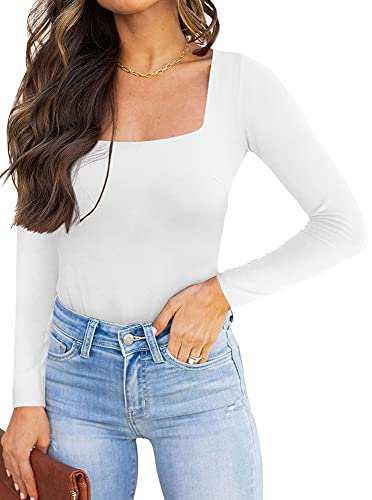 REORIA Damen langarm Bodysuit Sexy eckiger Ausschnitt doppelt gefüttert Overalls Weiß L von REORIA