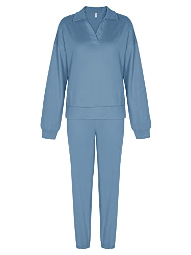 REORIA Damen langarm Trainingsanzug Sweat Suit V Neck Hausanzug Jogginganzug Freizeitanzug Sportanzug Set Blau S von REORIA