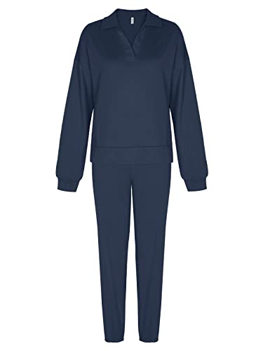 REORIA Damen langarm Trainingsanzug Sweat Suit V Neck Hausanzug Jogginganzug Freizeitanzug Sportanzug Set Marineblau M von REORIA