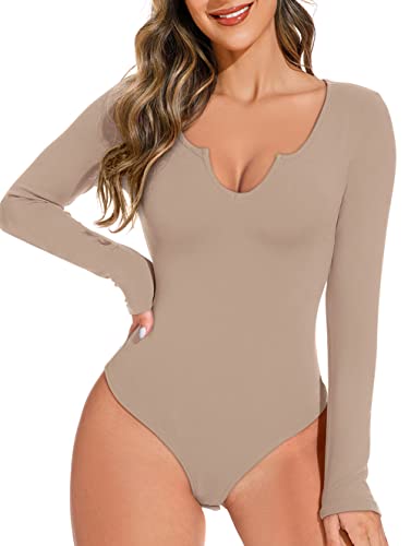 REORIA Damen sexy V-Ausschnitt Bodies langen Ärmeln schlankmachender Tanga Formende Bodys Overall Khaki L von REORIA