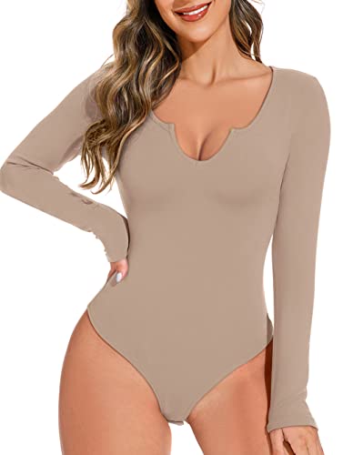 REORIA Damen sexy V-Ausschnitt Bodies langen Ärmeln schlankmachender Tanga Formende Bodys Overall Khaki XL von REORIA