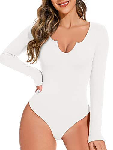 REORIA Damen sexy V-Ausschnitt Bodies langen Ärmeln schlankmachender Tanga Formende Bodys Overall Weiß M von REORIA