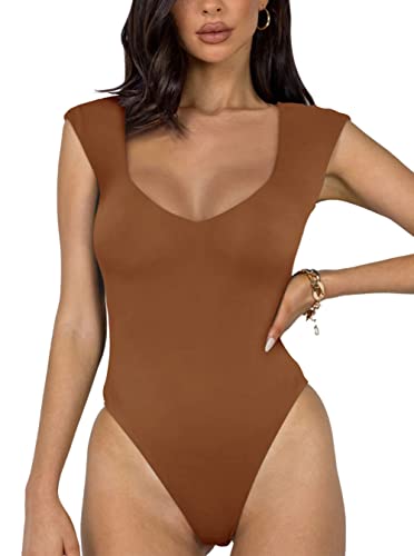 REORIA Damen sexy lässiger doppelt gefütterter ärmelloser Schlankheits Body mit V-Ausschnitt Shapewear Formende Bodys Braun S von REORIA