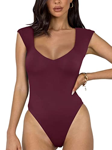 REORIA Damen sexy lässiger doppelt gefütterter ärmelloser Schlankheits Body mit V-Ausschnitt Shapewear Formende Bodys Burgunderrot XL von REORIA