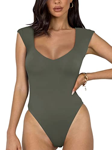 REORIA Damen sexy lässiger doppelt gefütterter ärmelloser Schlankheits Body mit V-Ausschnitt Shapewear Formende Bodys Grau Grün L von REORIA