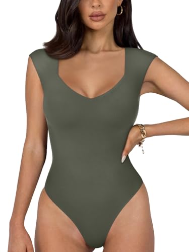 REORIA Damen sexy lässiger doppelt gefütterter ärmelloser Schlankheits Body mit V-Ausschnitt Shapewear Formende Bodys Grau Grün M von REORIA