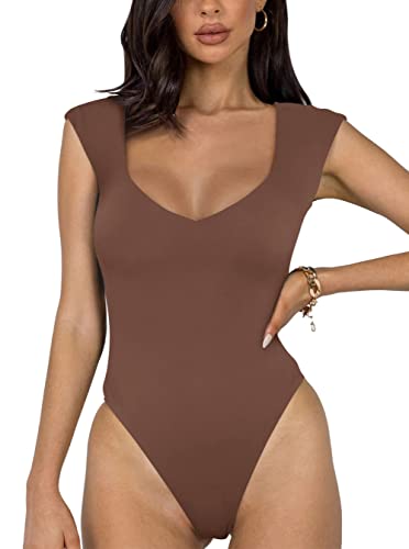 REORIA Damen sexy lässiger doppelt gefütterter ärmelloser Schlankheits Body mit V-Ausschnitt Shapewear Formende Bodys Kaffee M von REORIA