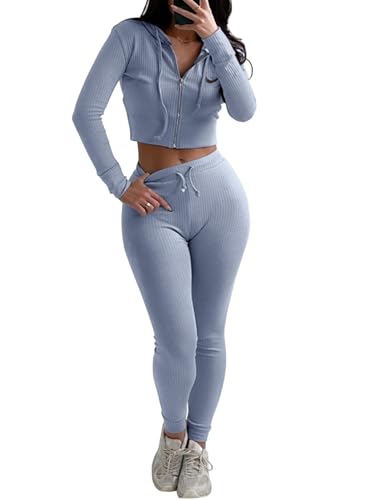 REORIA Damen trainingsanzug Zweiteiliges Outfit mit Kapuze bauchfreiem Top und schmaler langer Hose dicke warme Baumwolle Jogginganzüge Grau Blau M von REORIA