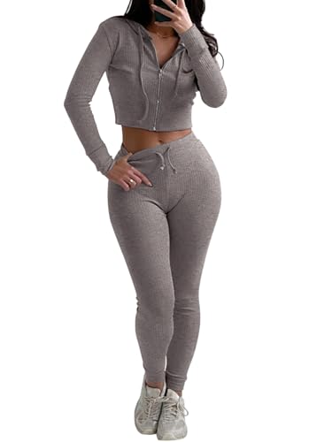 REORIA Damen trainingsanzug Zweiteiliges Outfit mit Kapuze bauchfreiem Top und schmaler langer Hose dicke warme Baumwolle Jogginganzüge Grau L von REORIA