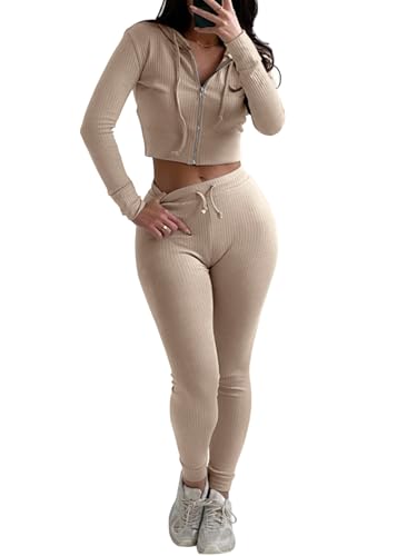 REORIA Damen trainingsanzug Zweiteiliges Outfit mit Kapuze bauchfreiem Top und schmaler langer Hose dicke warme Baumwolle Jogginganzüge Khaki L von REORIA