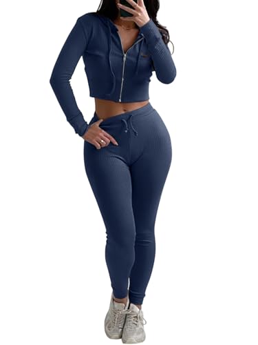 REORIA Damen trainingsanzug Zweiteiliges Outfit mit Kapuze bauchfreiem Top und schmaler langer Hose dicke warme Baumwolle Jogginganzüge Marineblau L von REORIA