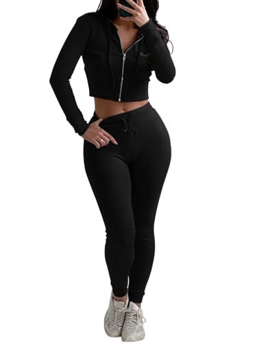 REORIA Damen trainingsanzug Zweiteiliges Outfit mit Kapuze bauchfreiem Top und schmaler langer Hose dicke warme Baumwolle Jogginganzüge Schwarz L von REORIA