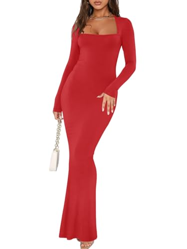 REORIA Herbst Winter Lange Kleider für Damen sexy lässig quadratischer Ausschnitt Lange Ärmel gerippt figurbetont weich Lounge Maxikleid Rot L von REORIA