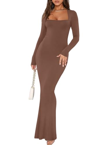 REORIA Lässige sexy Kleider für Damen Date Nacht Ausgehen Club Outfits quadratischer Ausschnitt Lange Ärmel gerippt figurbetont Maxikleid Kaffee L von REORIA