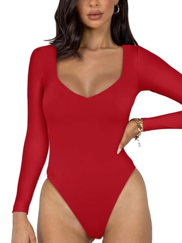 REORIA Sexy Basic Bodysuit für Damen mit V Ausschnitt und langen Ärmeln doppelt gefüttert nahtlos schlankmachend Herbst trendiges Ausgehen Tanga Body Oberteile Übergröße Rot XL von REORIA