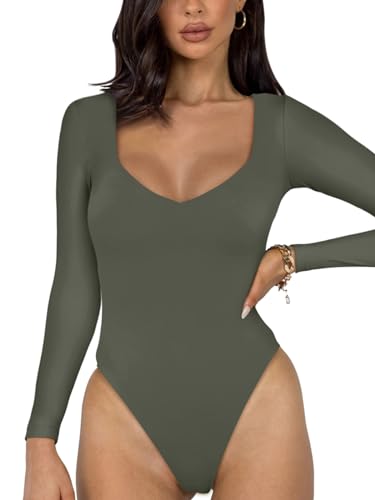 REORIA Sexy Basic Bodysuit für Damen mit V Ausschnitt und langen Ärmeln doppelt gefüttert nahtlos schlankmachend für den Herbst trendig zum Ausgehen Tanga Body Oberteil Grau Grün L von REORIA