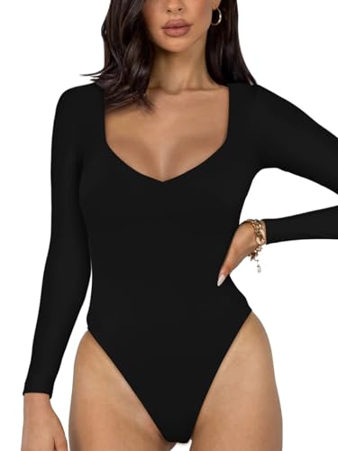 REORIA Sexy Basic Bodysuit für Damen mit V Ausschnitt und langen Ärmeln doppelt gefüttert nahtlos schlankmachend für den Herbst trendig zum Ausgehen Tanga Body Oberteil Schwarz S von REORIA