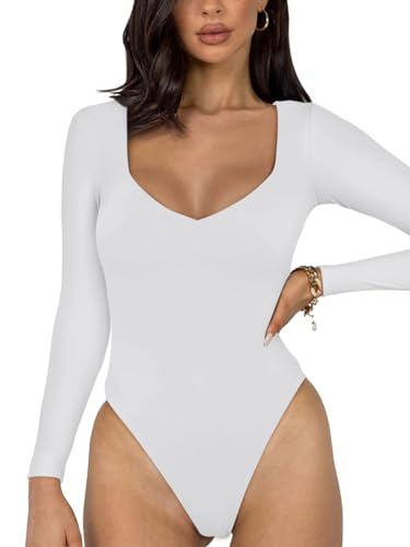 REORIA Sexy Basic Bodysuit für Damen mit V Ausschnitt und langen Ärmeln doppelt gefüttert nahtlos schlankmachend für den Herbst trendig zum Ausgehen Tanga Body Oberteil Weiß L von REORIA