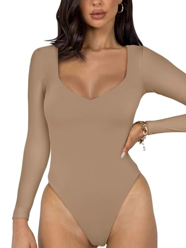 REORIA Sexy Basic Bodysuit für Damen mit V Ausschnitt und langen Ärmeln doppelt gefüttert nahtlos schlankmachend für den Herbst trendig zum Ausgehen Tanga Body Oberteile Übergröße Khaki 2XL von REORIA