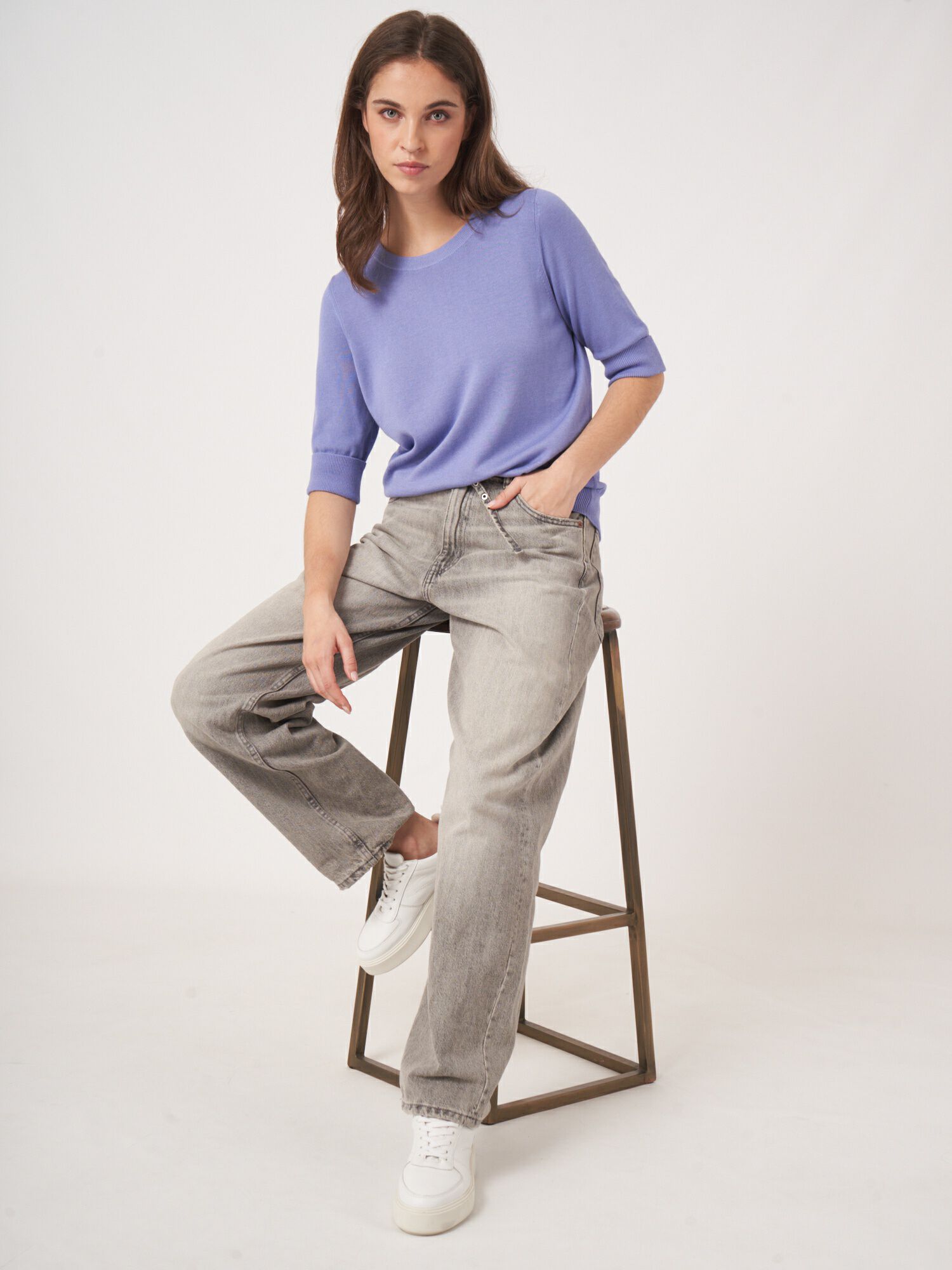 Basic Feinstrick-Pullover mit V-Ausschnitt aus Baumwollmischung von REPEAT cashmere