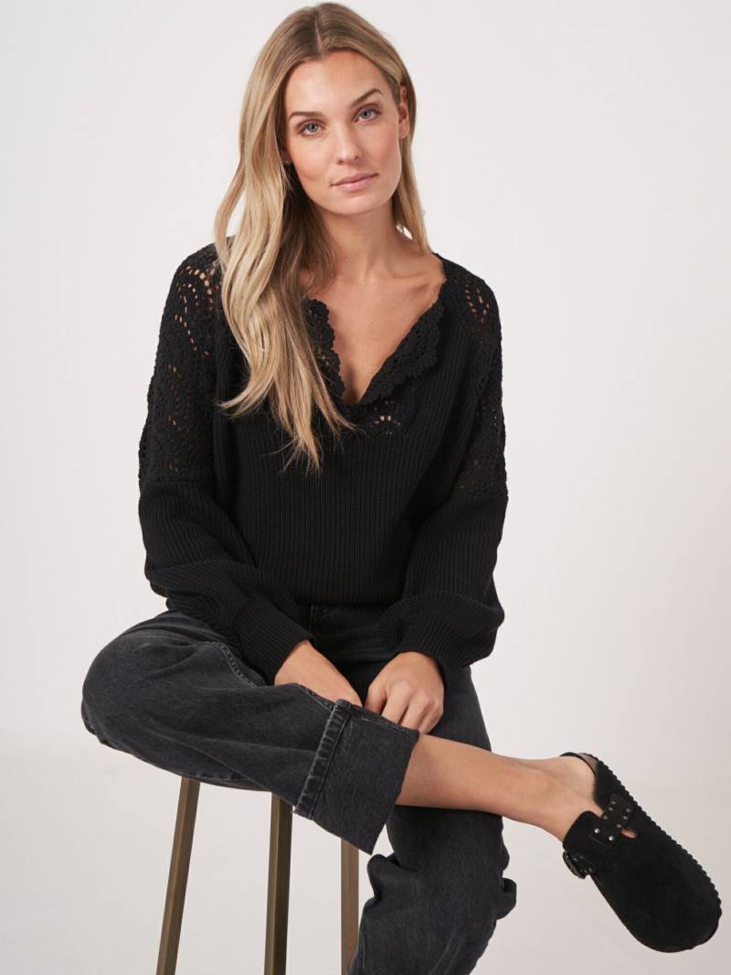 Baumwollpullover mit Puffärmeln und Häkeldetails von REPEAT cashmere