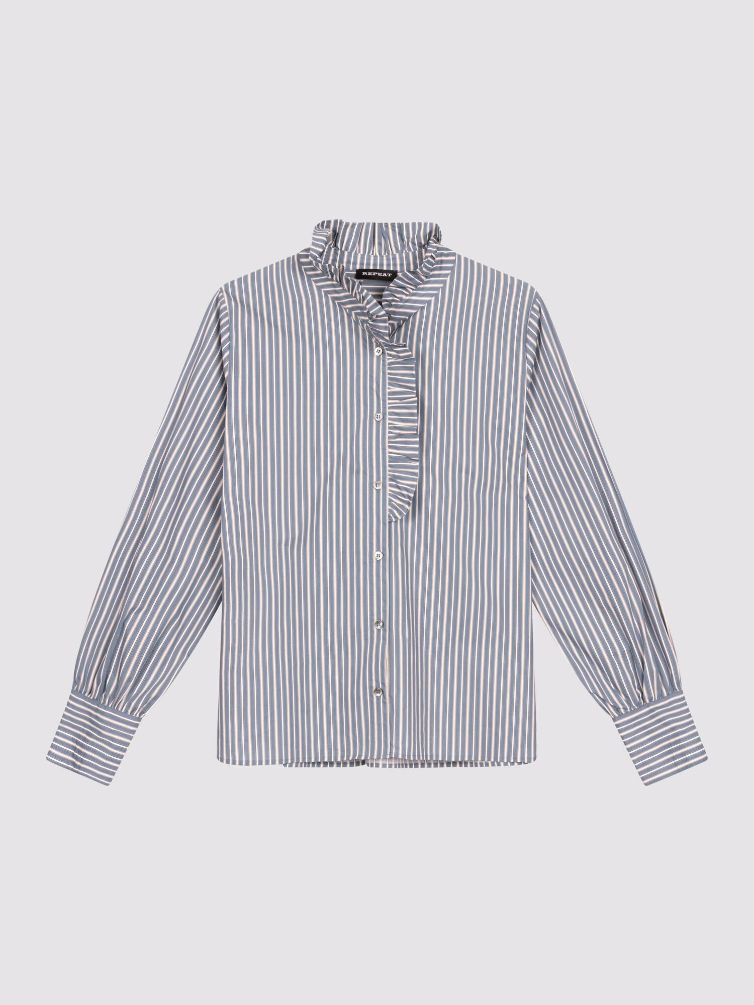 Gestreifte Baumwollbluse mit Rüschenkragen von REPEAT cashmere