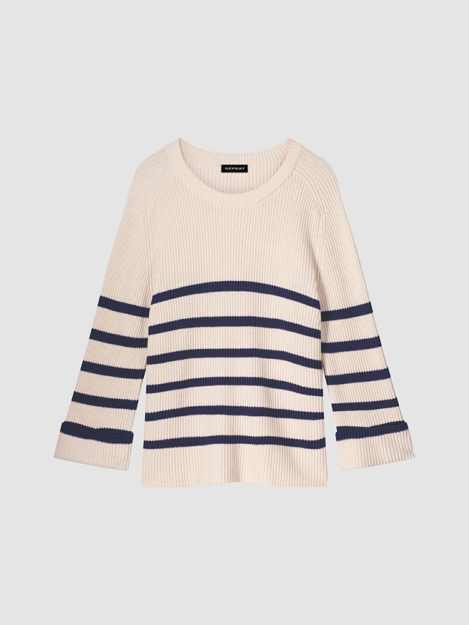Gestreifter Pullover mit Rundhalsausschnitt und Trompetenärmel von REPEAT cashmere