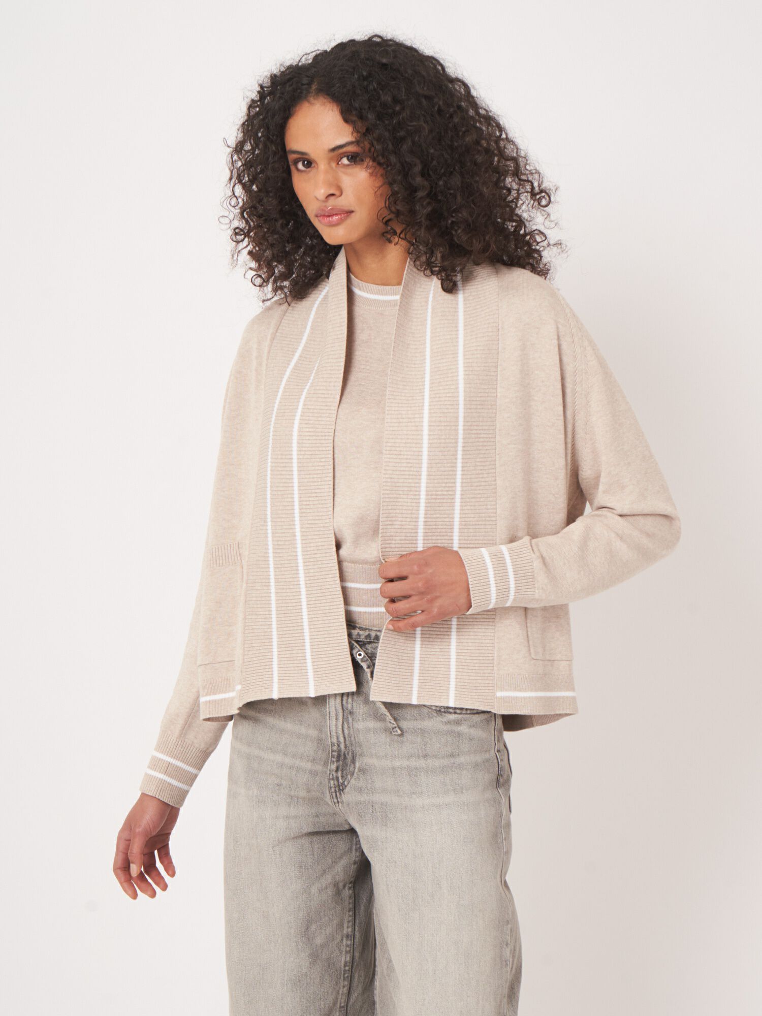 Offener Cardigan mit Streifen-Detail aus Baumwollmischung von REPEAT cashmere