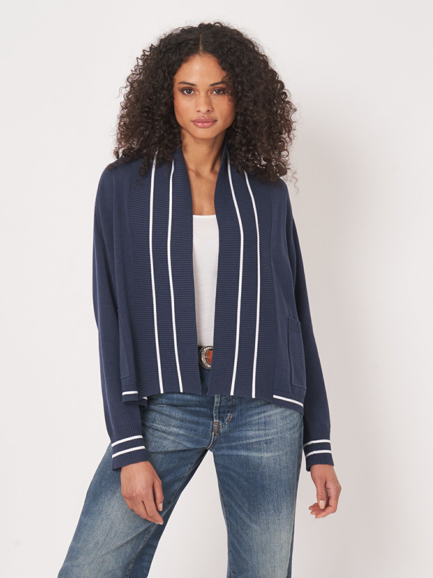 Offener Cardigan mit Streifen-Detail aus Baumwollmischung von REPEAT cashmere