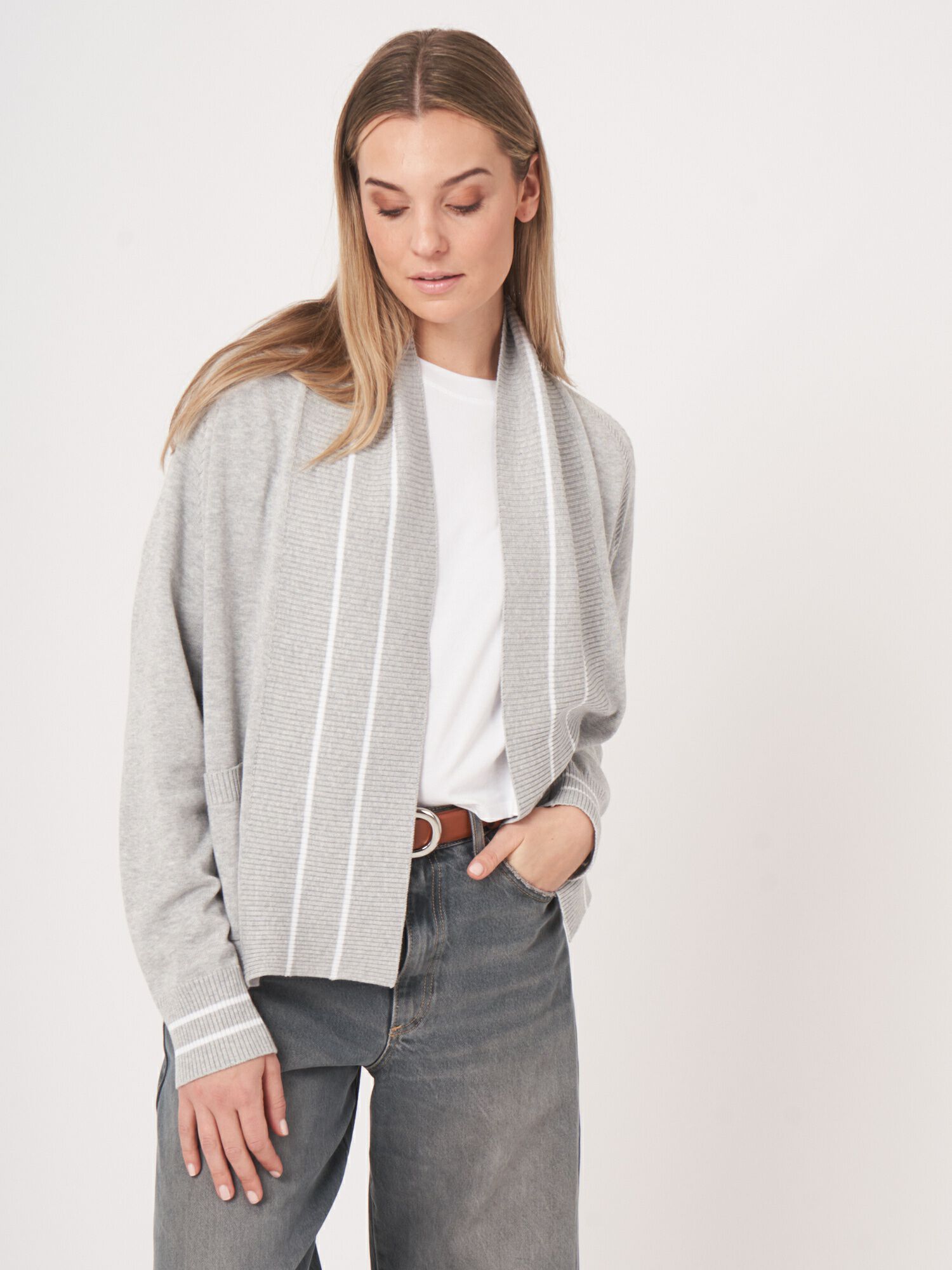 Offener Cardigan mit Streifen-Detail aus Baumwollmischung von REPEAT cashmere