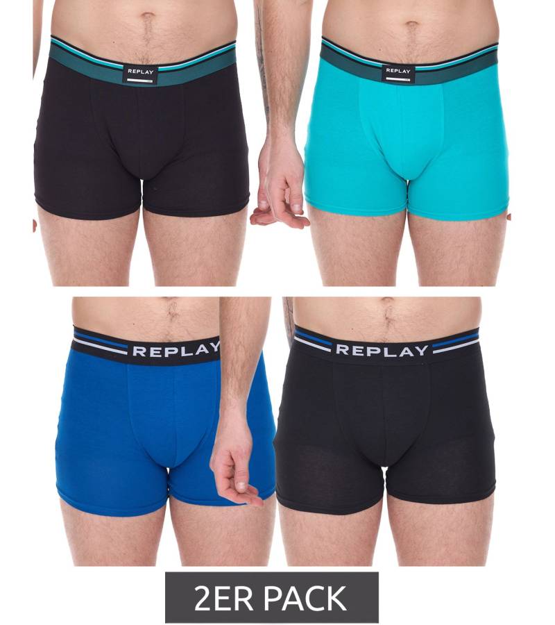 2er Pack REPLAY Herren Retro Boxershorts Baumwoll-Unterwäsche Schwarz/Türkis oder Schwarz/Blau von REPLAY