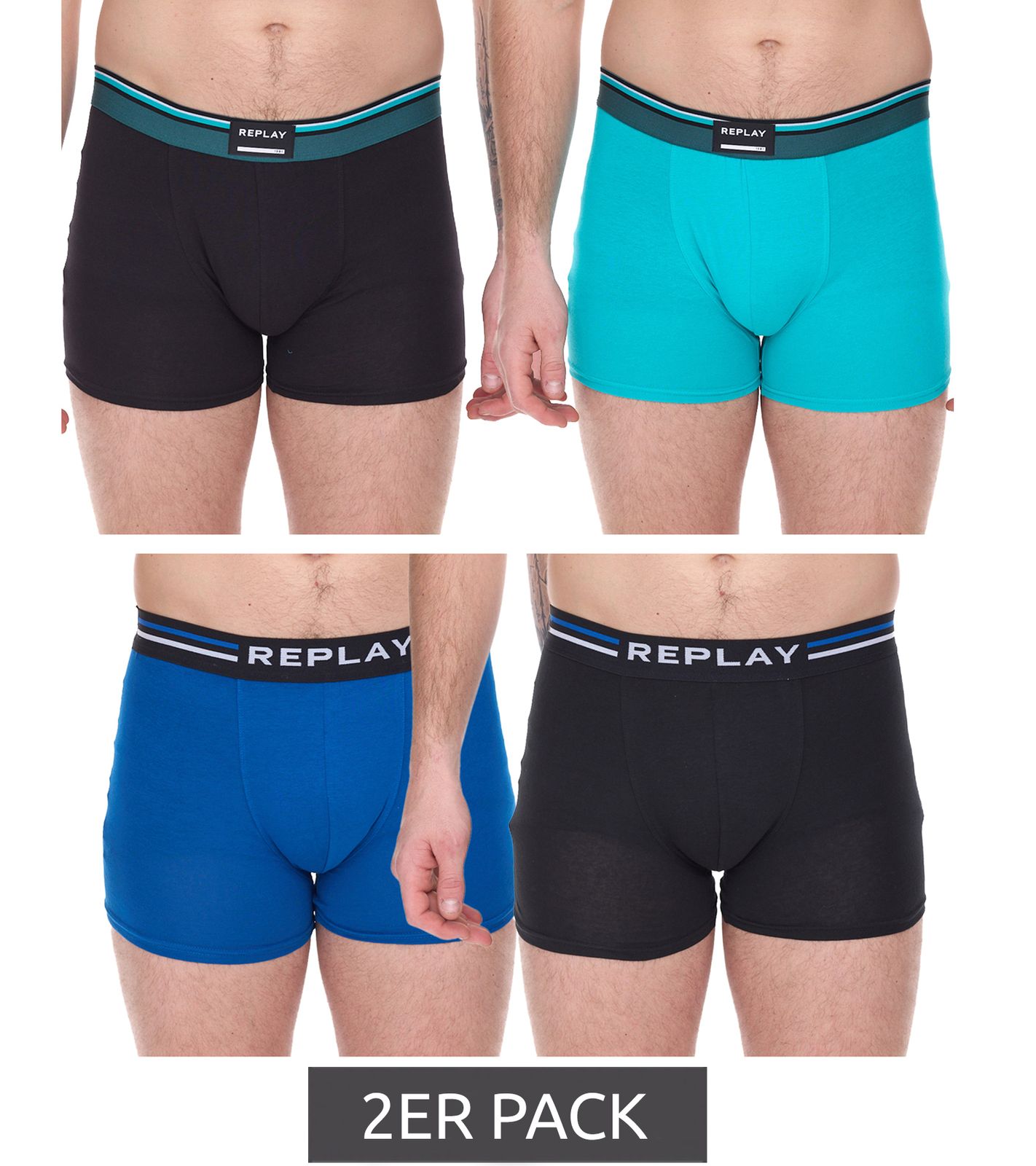2er Pack REPLAY Herren Retro Boxershorts Baumwoll-Unterwäsche Schwarz/Türkis oder Schwarz/Blau von REPLAY