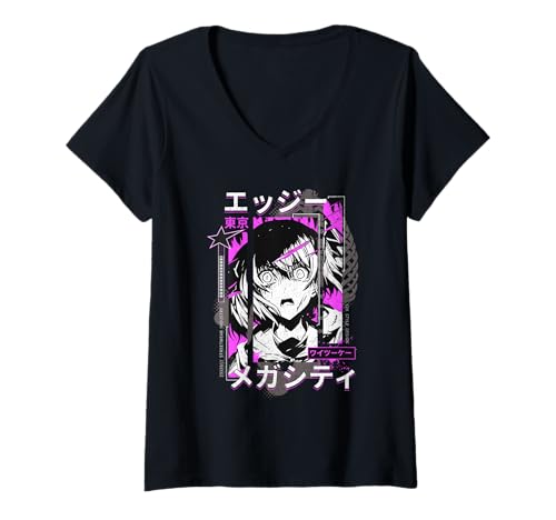 Damen Ausgefallene Kunst im Anime-Stil von Tokyo Megacity T-Shirt mit V-Ausschnitt von REPUBLIC OF CALIFORNIA