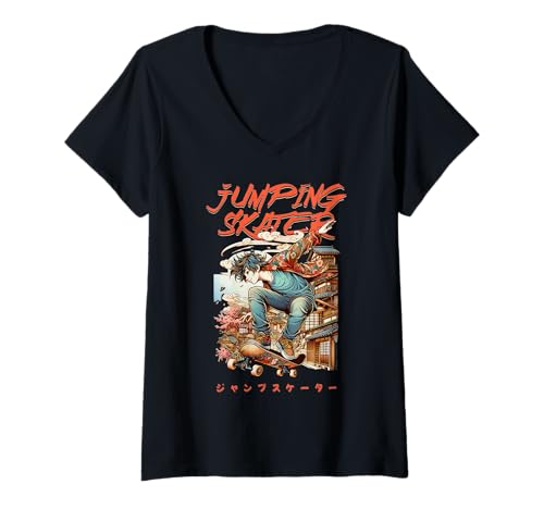 Damen Jumping Skater Urban Anime Vibes T-Shirt mit V-Ausschnitt von REPUBLIC OF CALIFORNIA