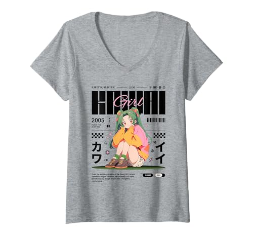 Damen Kawaii Anime Girl Pastell Ästhetisches Design T-Shirt mit V-Ausschnitt von REPUBLIC OF CALIFORNIA