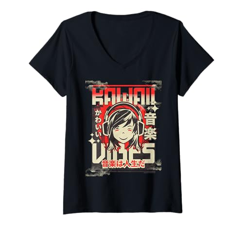 Damen Kawaii Vibes Music is Life Kopfhörer Anime T-Shirt mit V-Ausschnitt von REPUBLIC OF CALIFORNIA