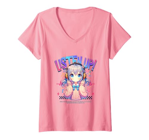 Damen Listen Up Anime Kopfhörer Music Vibes T-Shirt mit V-Ausschnitt von REPUBLIC OF CALIFORNIA