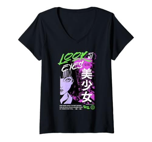 Damen Look Into My Eyes Anime-Kunst für Mädchen T-Shirt mit V-Ausschnitt von REPUBLIC OF CALIFORNIA