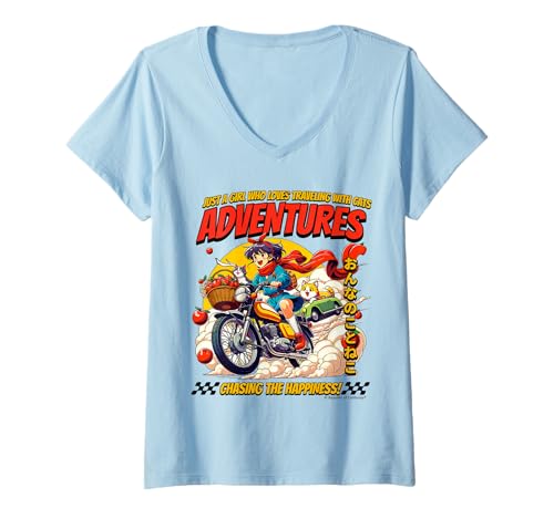 Damen Mädchen, das es liebt, mit Katzen zu Reisen, Abenteuer T-Shirt mit V-Ausschnitt von REPUBLIC OF CALIFORNIA