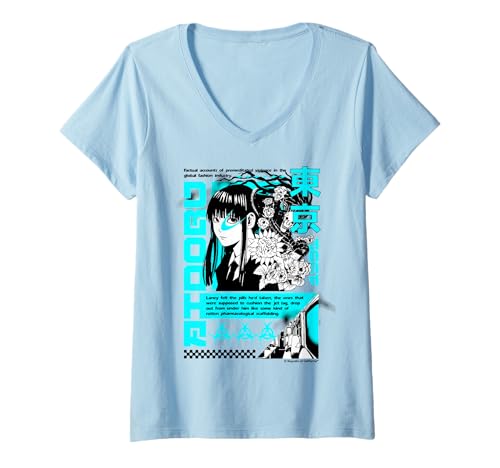 Damen Tokyo Cyberpunk Anime-Grafik mit Rosen-Text T-Shirt mit V-Ausschnitt von REPUBLIC OF CALIFORNIA