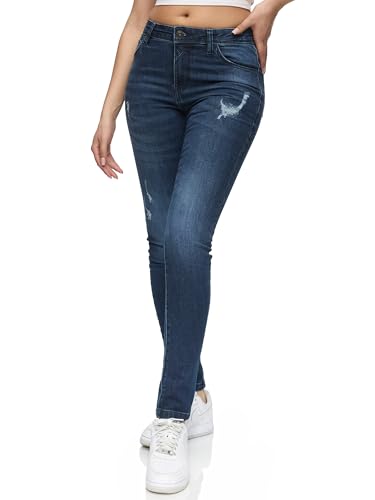 REPUBLIX Damen Destroyed Mid Waist Skinny-Fit Stretch Denim Jeans RJ-1003 Dunkelblau 44 von REPUBLIX