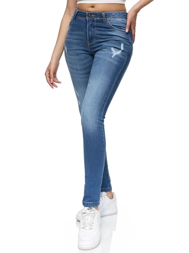 REPUBLIX Damen Destroyed Mid Waist Skinny-Fit Stretch Denim Jeans RJ-1003 Mid Blue 42 von REPUBLIX
