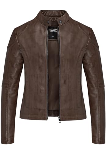 REPUBLIX Damen Echtleder Jacke Biker Zipper Lederjacke RJ-8001 Dunkelbraun S von REPUBLIX