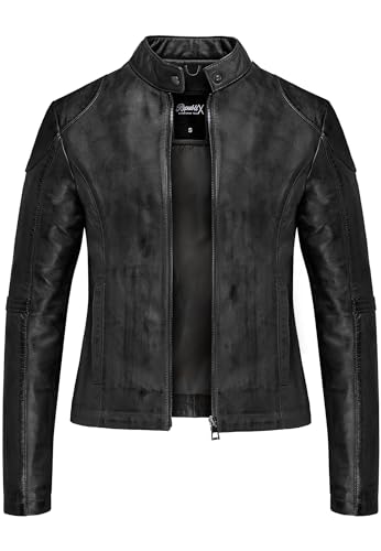 REPUBLIX Damen Echtleder Jacke Biker Zipper Lederjacke RJ-8001 Schwarz XS von REPUBLIX