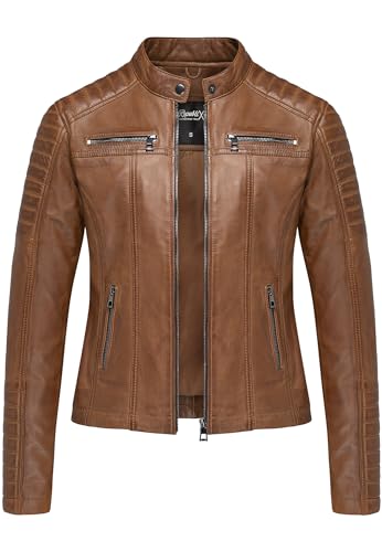 REPUBLIX Damen Echtleder Jacke Biker Zipper Lederjacke RJ-8002 Cognac L von REPUBLIX