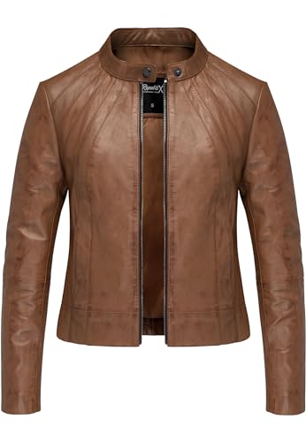 REPUBLIX Damen Echtleder Jacke Biker Zipper Lederjacke RJ-8004 Cognac M von REPUBLIX
